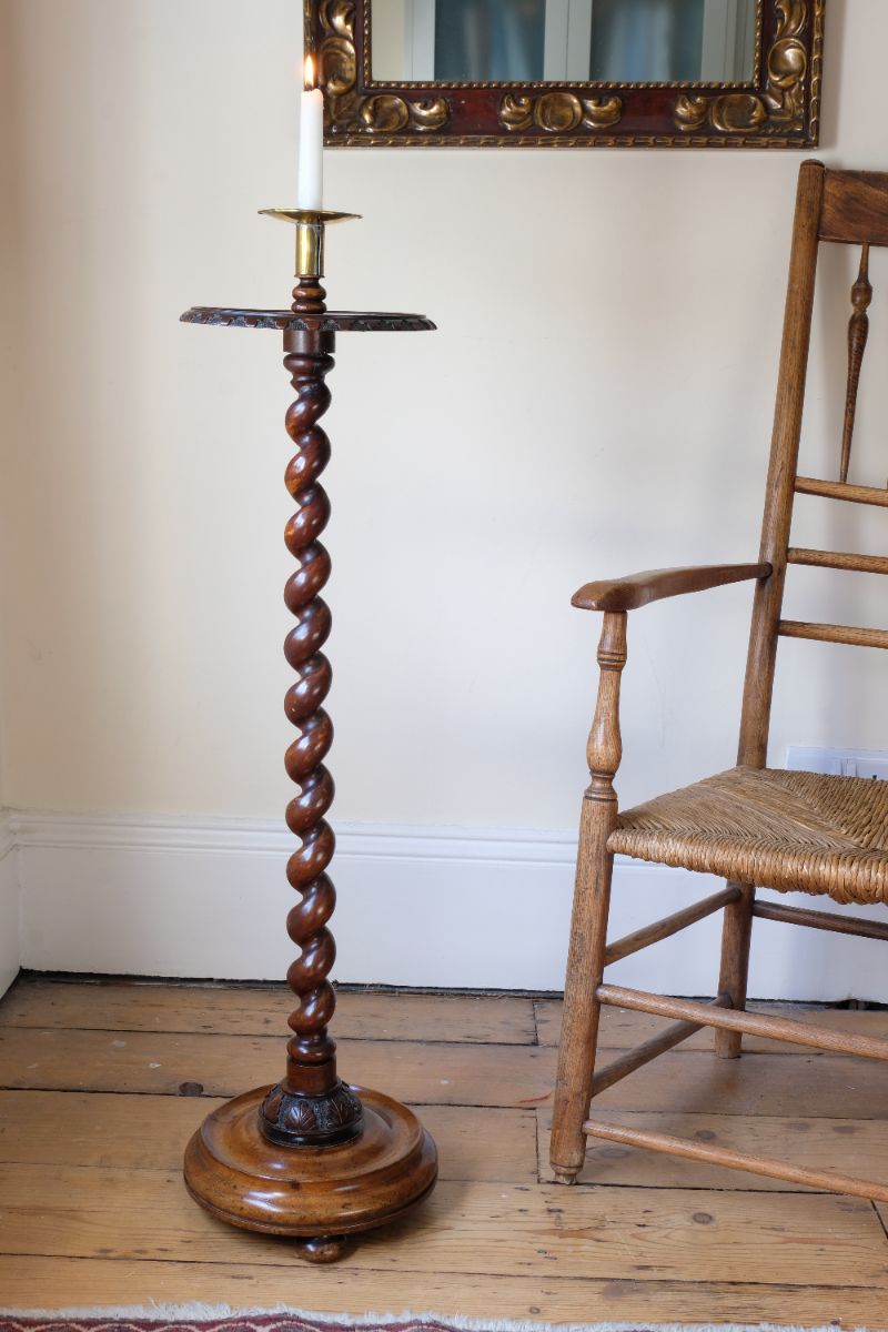 Rare Victorian walnut barley twist candle and wine stand with brass sconce and carved foliate decoration, circa 1870