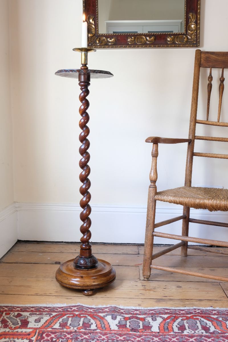 Rare Victorian walnut barley twist candle and wine stand with brass sconce and carved foliate decoration, circa 1870