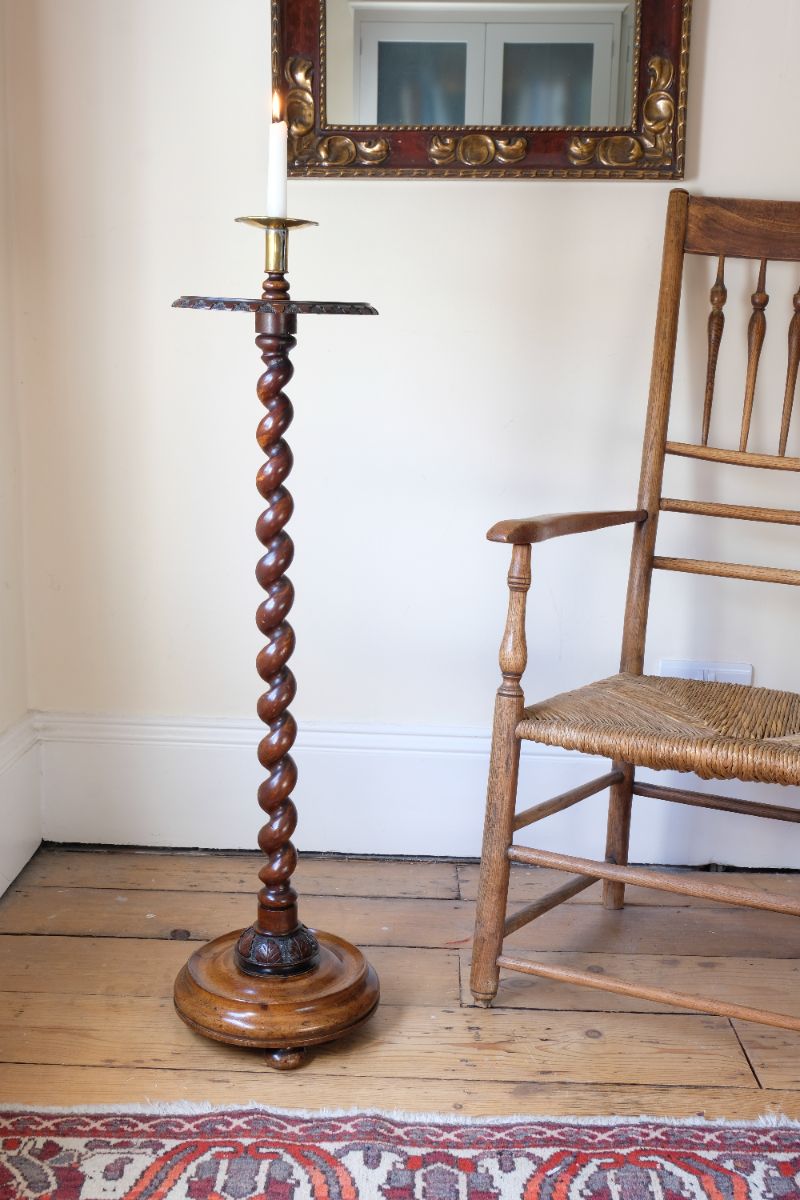 Rare Victorian walnut barley twist candle and wine stand with brass sconce and carved foliate decoration, circa 1870