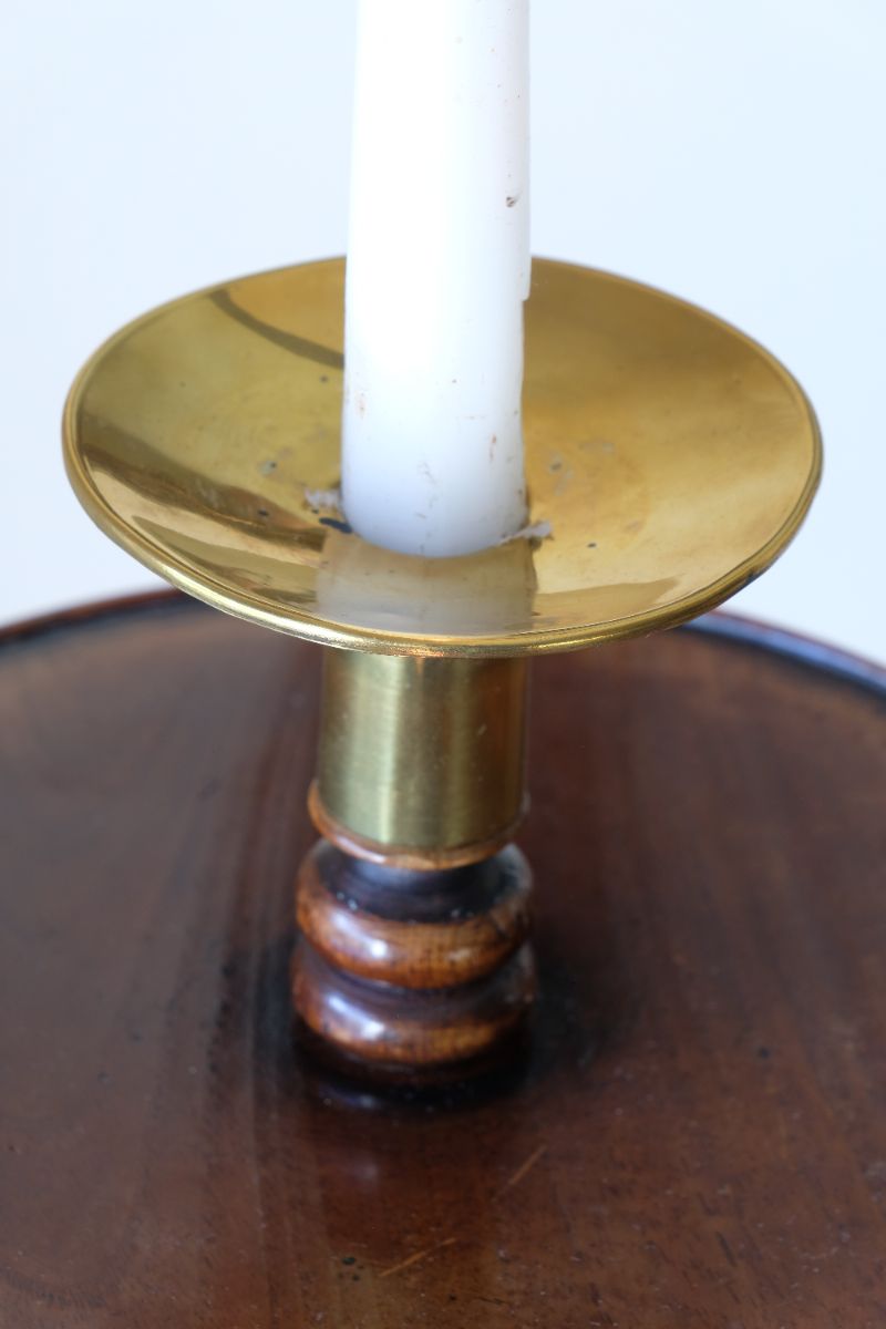 Brass sconce on a Rare Victorian walnut barley twist candle and wine stand with brass candle sconce and carved foliate decoration, circa 1870Rare Victorian walnut barley twist candle and wine stand with brass candle sconce and carved foliate decoration, circa 1870