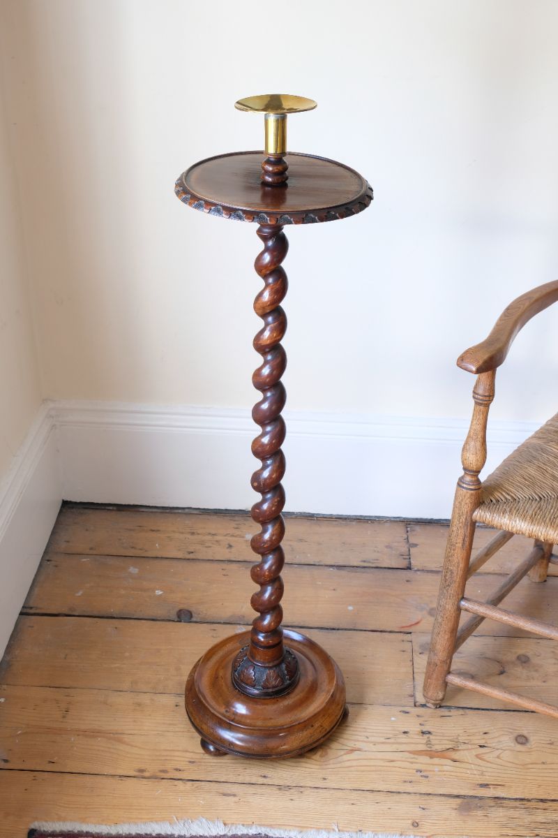 Rare Victorian walnut barley twist candle and wine stand with brass candle sconce and carved foliate decoration, circa 1870