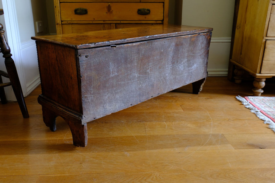 The natural raw unfinished back of an Early 19th Century English Elm Six Plank Coffer Chest With Internal Till