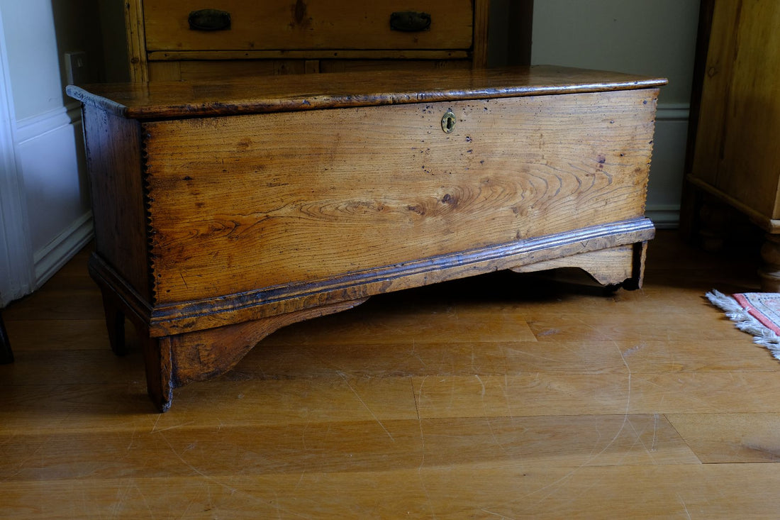 front view on an Early 19th Century English Elm Six Plank Coffer Chest With Internal Till