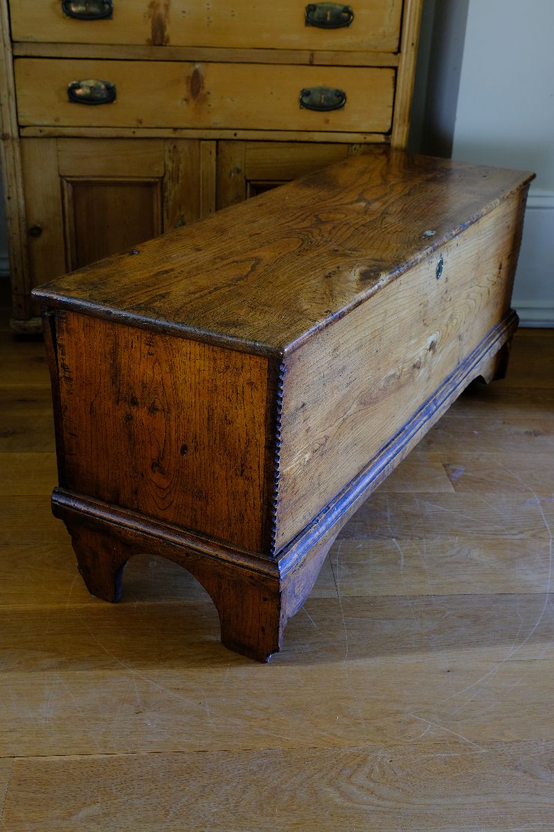view looking down on an Early 19th Century English Elm Six Plank Coffer Chest With Internal Till