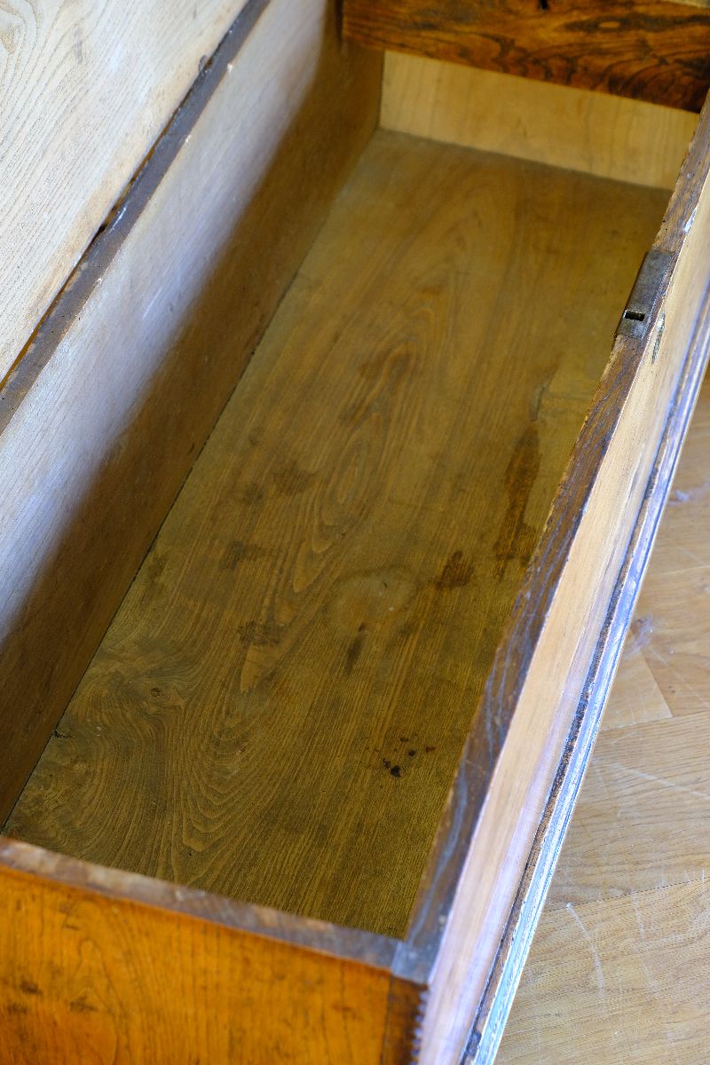 inside of a Early 19th Century English Elm Six Plank Coffer Chest With Internal Till