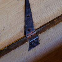 hand forged hinge on an Early 19th Century English Elm Six Plank Coffer Chest With Internal Till