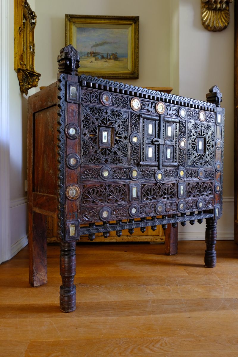Antique Kutch Damchiya dowry chest with mirror inlay and carved hardwood fretwork, Gujarat c.1900–1930