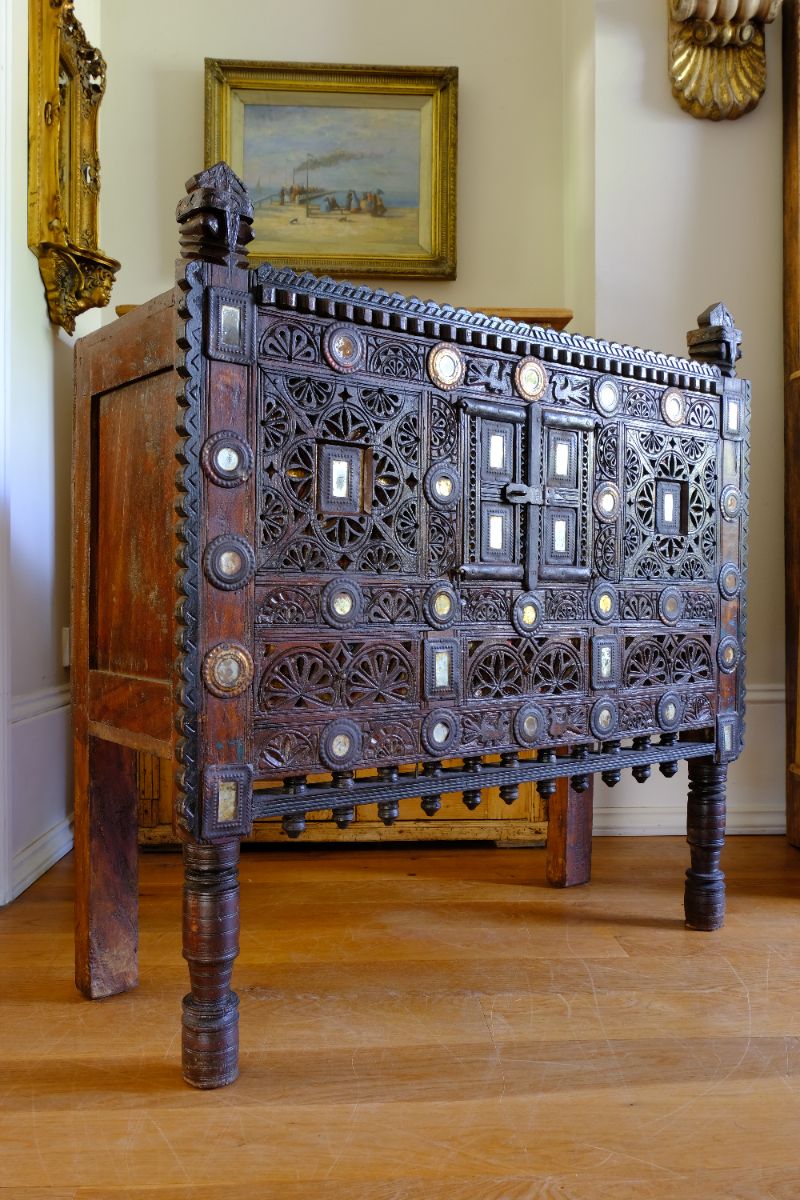 Antique Kutch Damchiya dowry chest with mirror inlay and carved hardwood fretwork, Gujarat c.1900–1930