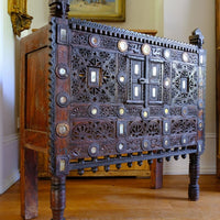 Antique Kutch Damchiya dowry chest with mirror inlay and carved hardwood fretwork, Gujarat c.1900–1930