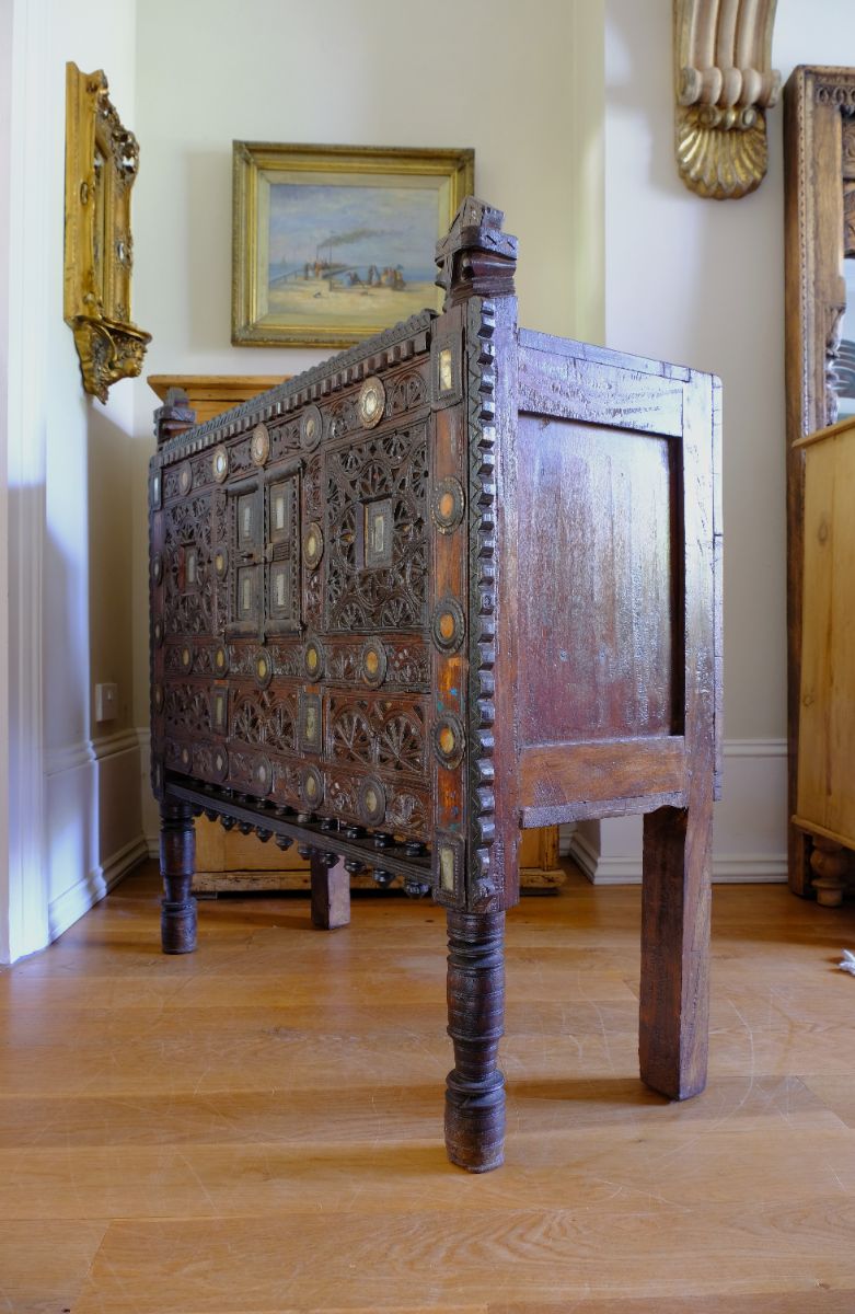 Antique Kutch Damchiya dowry chest with mirror inlay and carved hardwood fretwork, Gujarat c.1900–1930