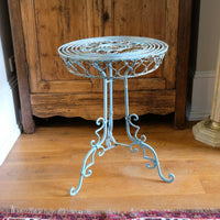 Blue Green Painted Wrought Iron Circular Garden Tripod Table