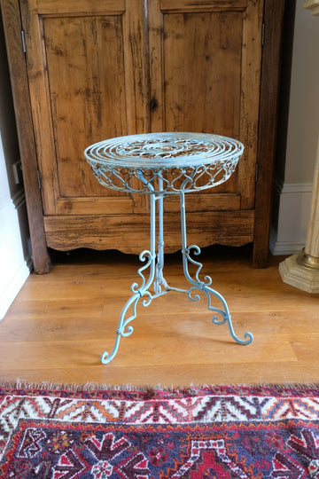 Blue Green Painted Wrought Iron Circular Garden Tripod Table