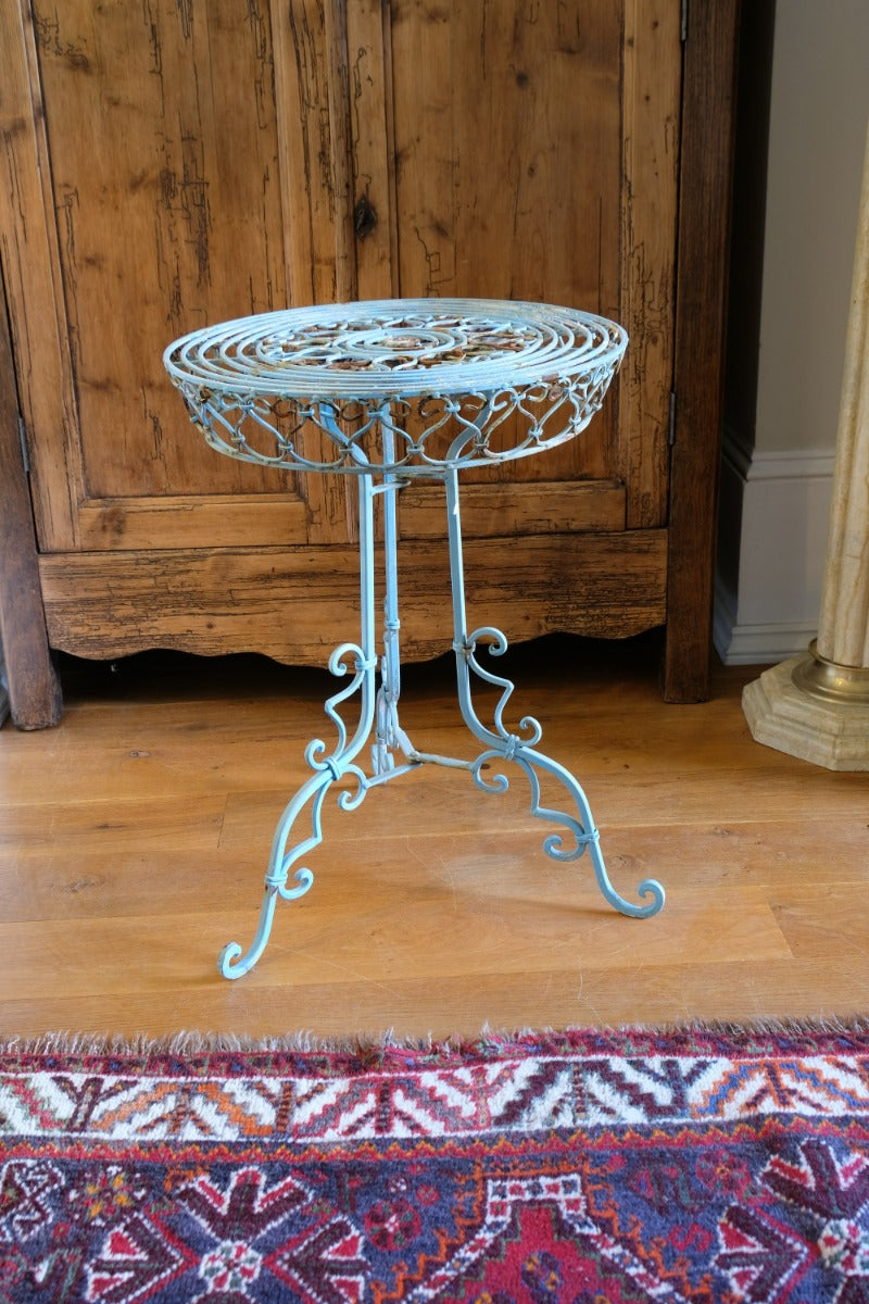 Blue Green Painted Wrought Iron Circular Garden Tripod Table