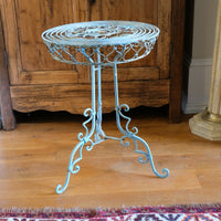 Blue Green Painted Wrought Iron Circular Garden Tripod Table