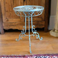 Blue Green Painted Wrought Iron Circular Garden Tripod Table