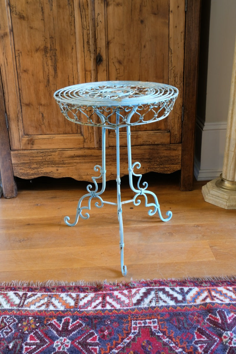 Blue Green Painted Wrought Iron Circular Garden Tripod Table