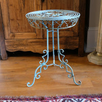 Blue Green Painted Wrought Iron Circular Garden Tripod Table