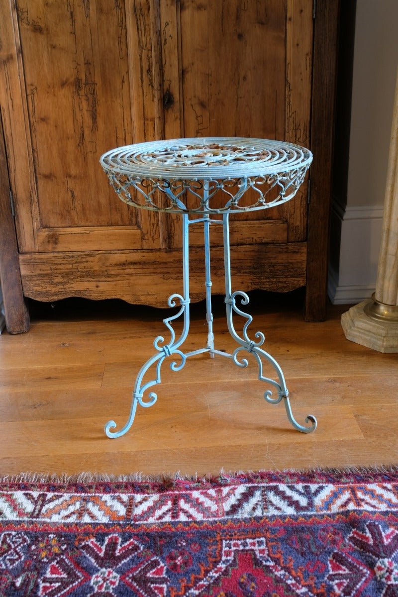 Blue Green Painted Wrought Iron Circular Garden Tripod Table