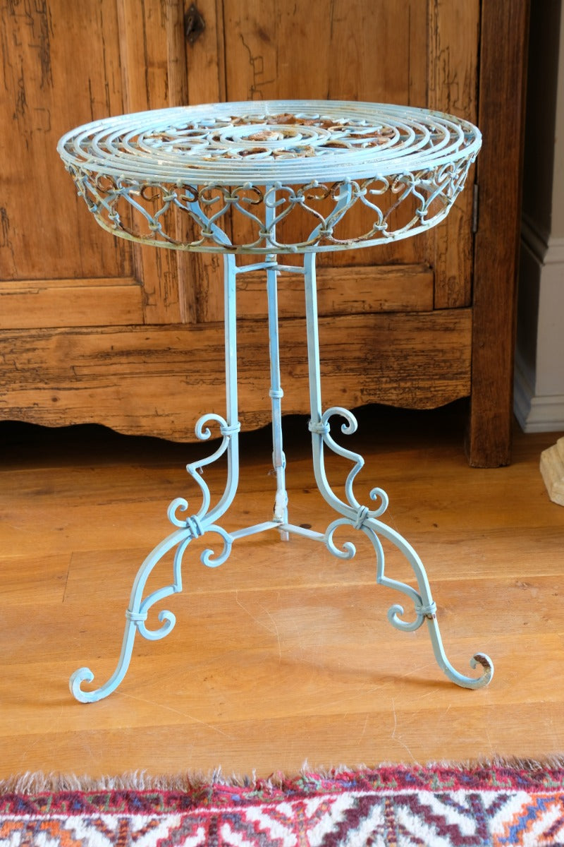 Blue Green Painted Wrought Iron Circular Garden Tripod Table