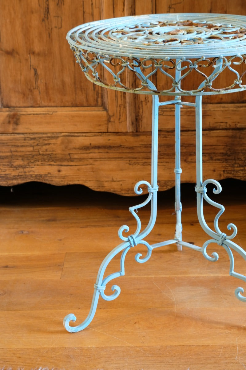 Blue Green Painted Wrought Iron Circular Garden Tripod Table