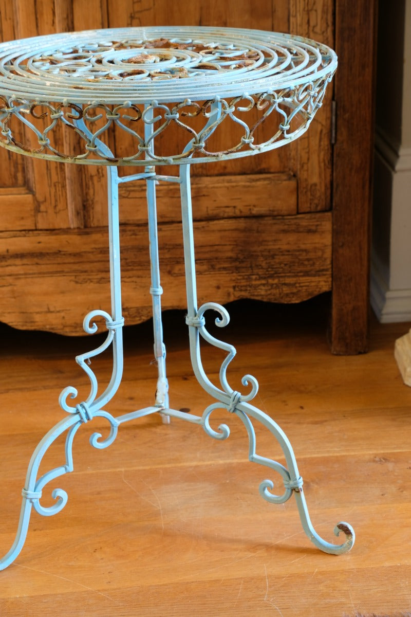 Blue Green Painted Wrought Iron Circular Garden Tripod Table