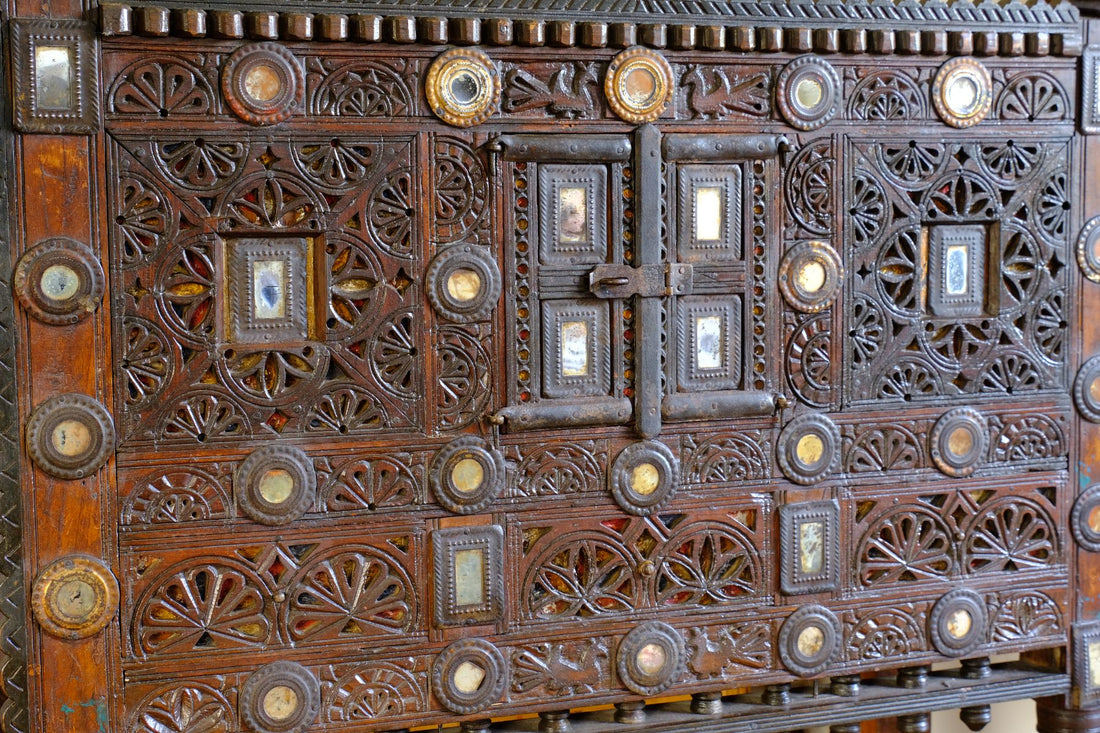 Antique Kutch Damchiya dowry chest with mirror inlay and carved hardwood fretwork, Gujarat c.1900–1930