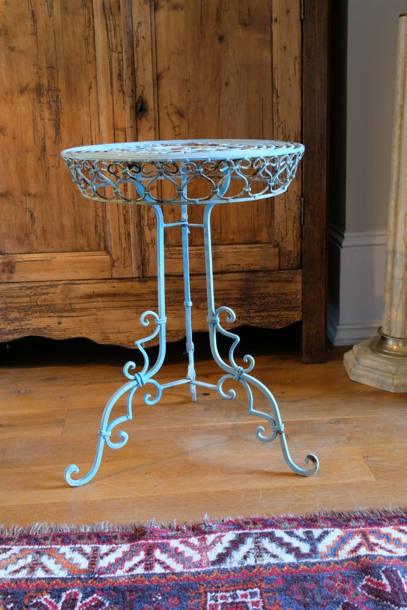 Blue Green Painted Wrought Iron Circular Garden Tripod Table