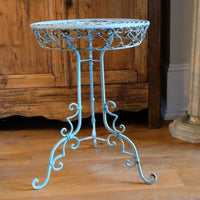 Blue Green Painted Wrought Iron Circular Garden Tripod Table