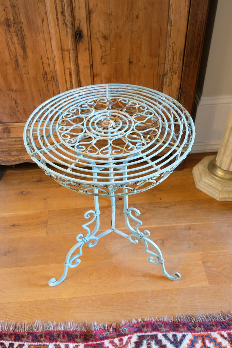 Blue Green Painted Wrought Iron Circular Garden Tripod Table