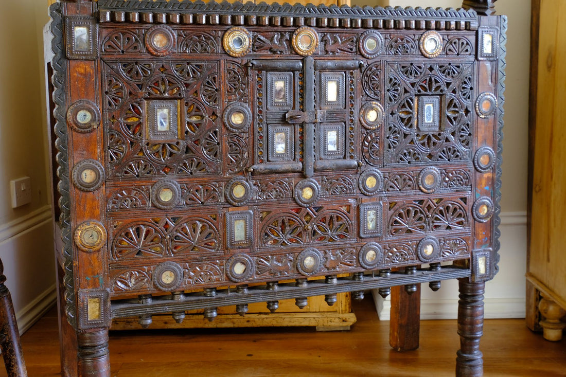 Antique Kutch Damchiya dowry chest with mirror inlay and carved hardwood fretwork, Gujarat c.1900–1930