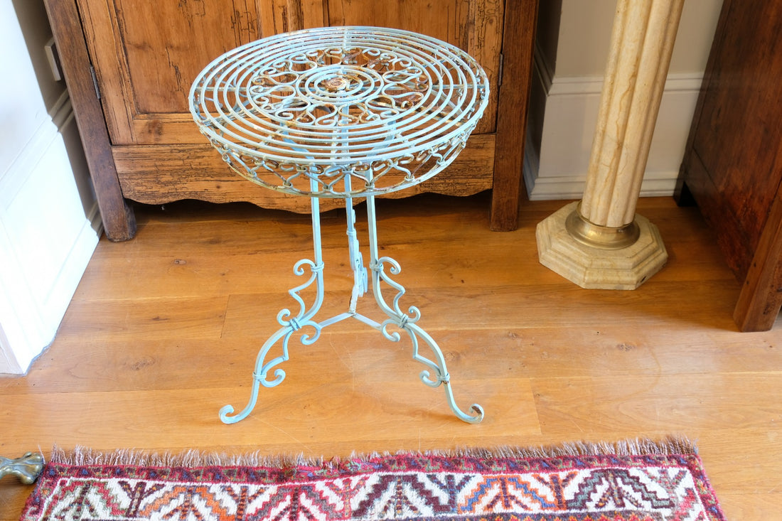 Blue Green Painted Wrought Iron Circular Garden Tripod Table