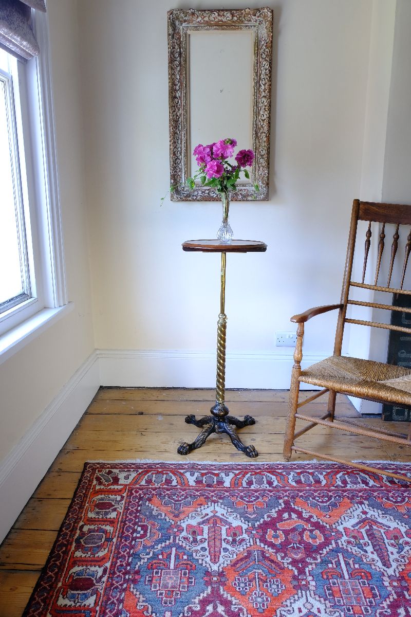Antique Victorian brass telescopic wine table with mahogany top and lion’s paw feet