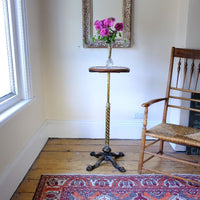 Antique Victorian brass telescopic wine table with mahogany top and lion’s paw feet