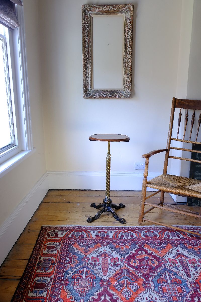Antique Victorian brass telescopic wine table with mahogany top and lion’s paw feet