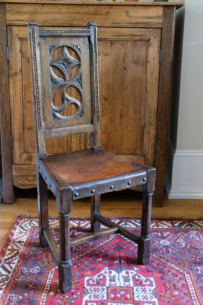 Carved Elm Hall Chair With Hide Seat Circa 1900's