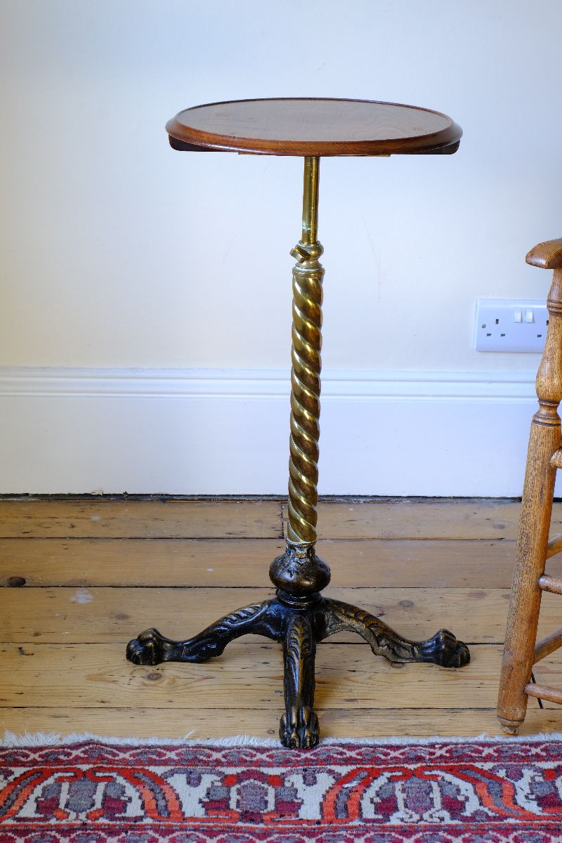 Antique Victorian brass telescopic wine table with mahogany top and lion’s paw feet