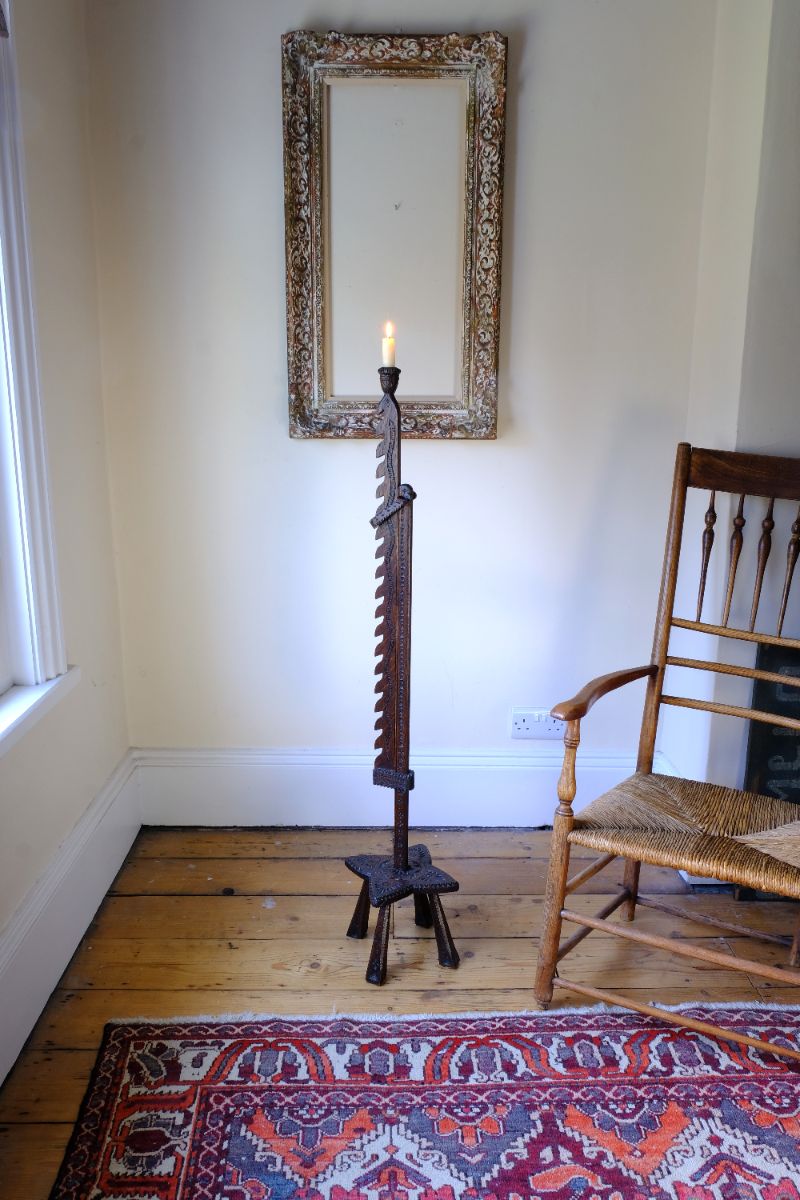 Rare Arts & Crafts Carved Oak Ratchet Adjustable Candle Stand