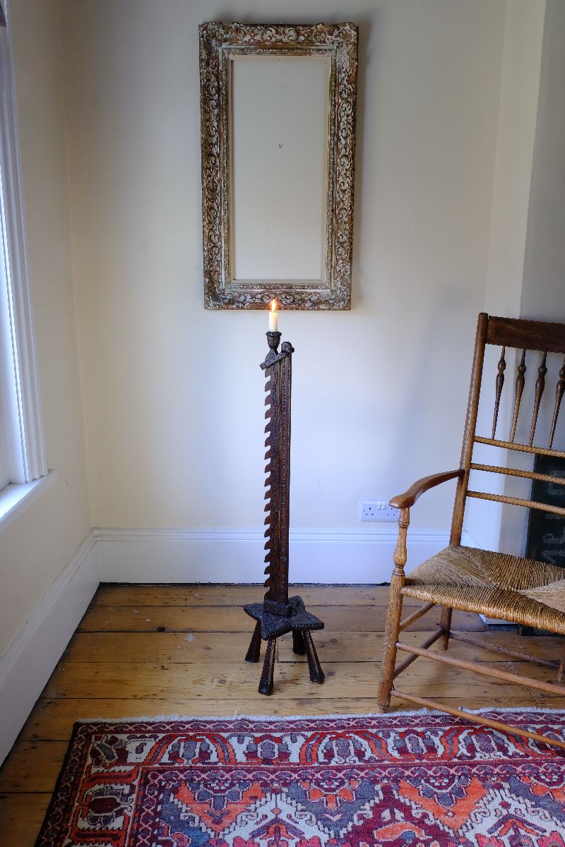 Rare Arts & Crafts Carved Oak Ratchet Adjustable Candle Stand