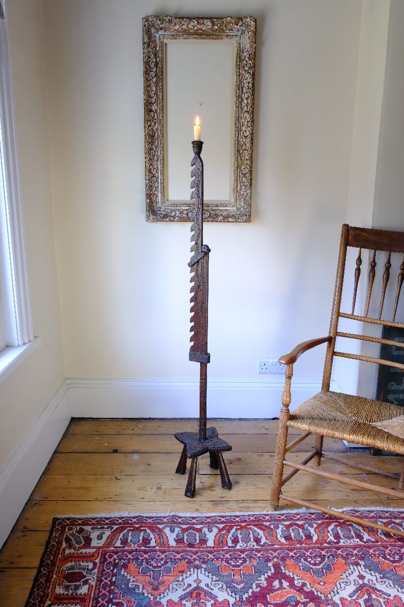 Rare Arts & Crafts Carved Oak Ratchet Adjustable Candle Stand