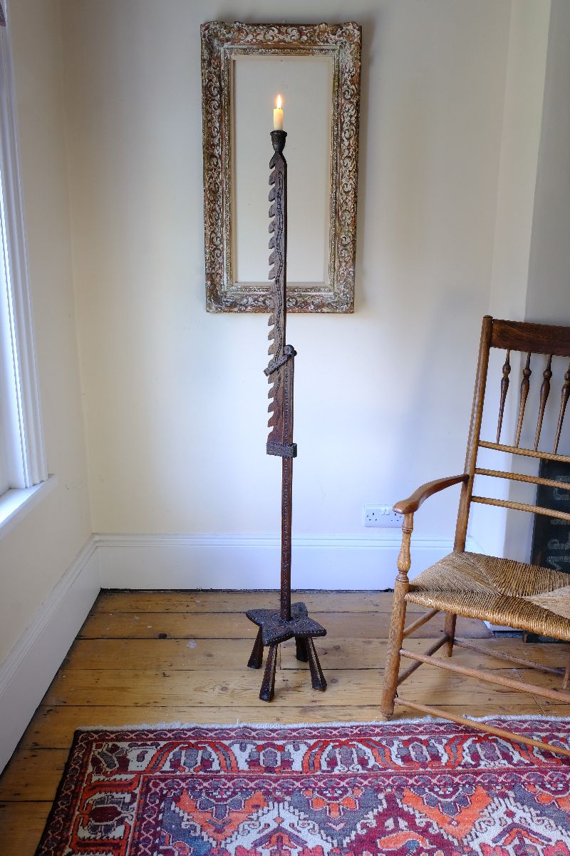 Rare Arts & Crafts Carved Oak Ratchet Adjustable Candle Stand