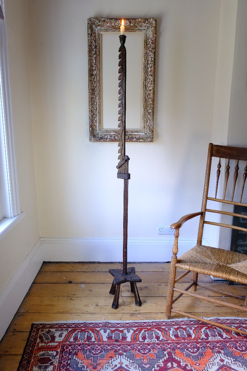 Fully extended Rare Arts & Crafts Carved Oak Ratchet Adjustable Candle Stand