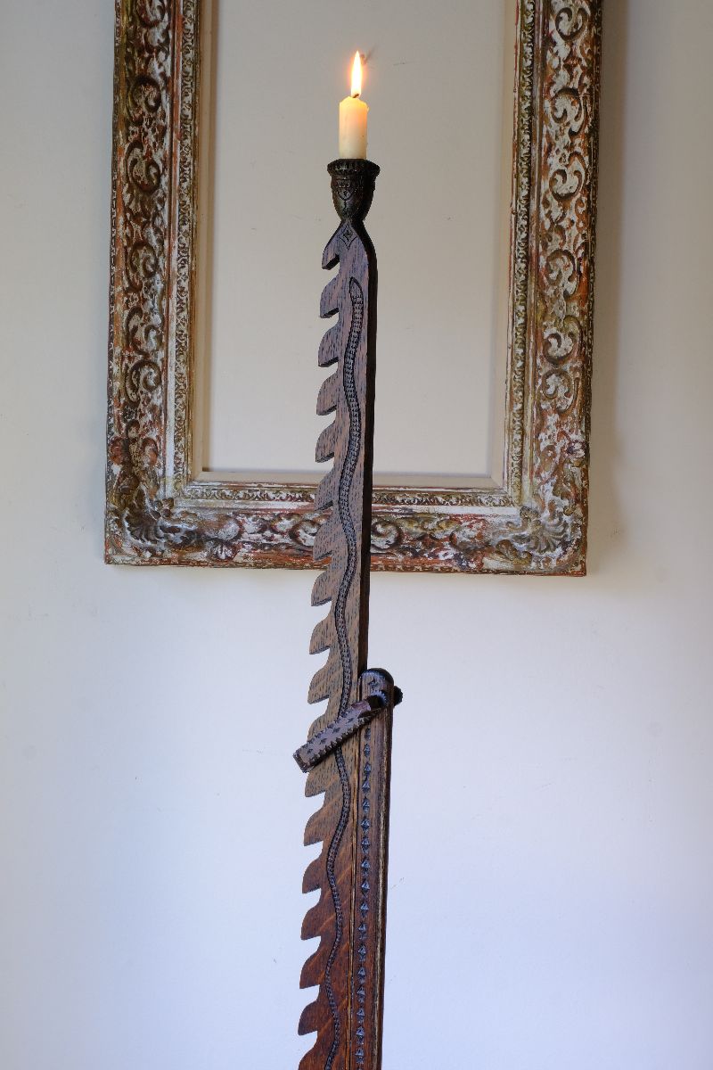 Close up oa a Rare Arts & Crafts Carved Oak Ratchet Adjustable Candle Stand