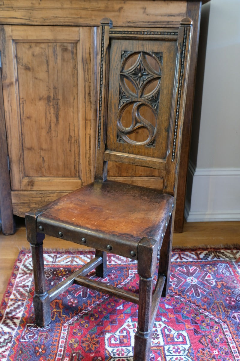 Carved Elm Hall Chair With Hide Seat Circa 1900's