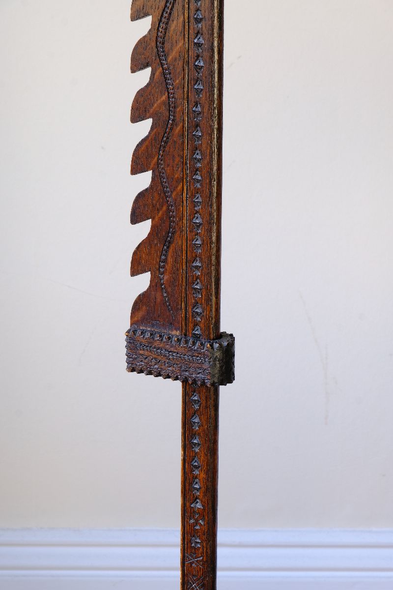 Rare Arts & Crafts Carved Oak Ratchet Adjustable Candle Stand