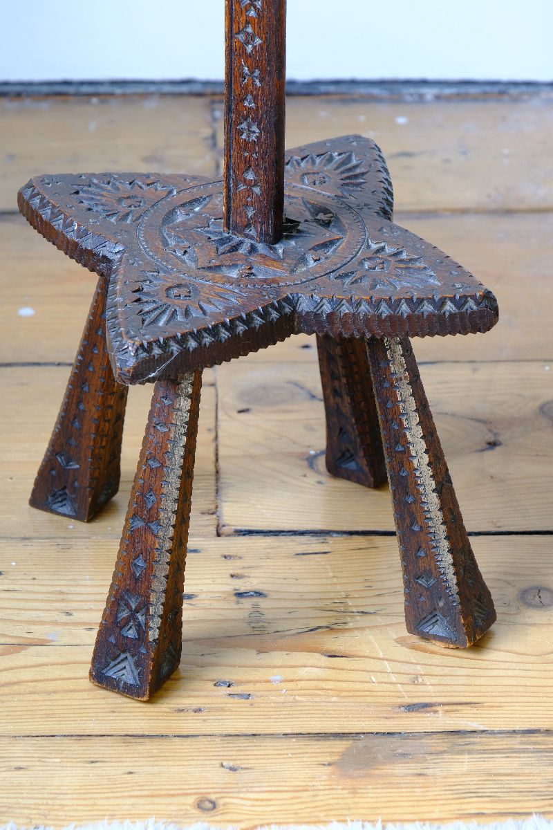 Rare Arts & Crafts Carved Oak Ratchet Adjustable Candle Stand