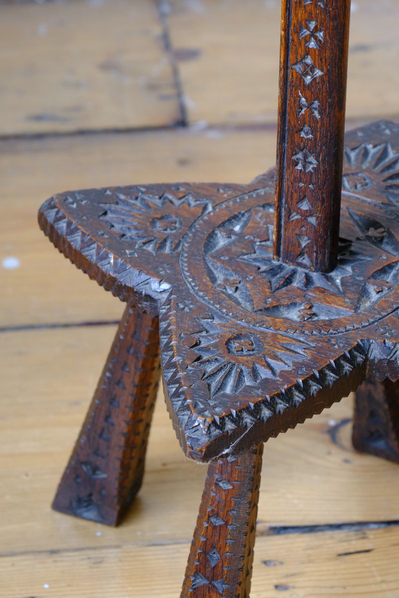 Rare Arts & Crafts Carved Oak Ratchet Adjustable Candle Stand