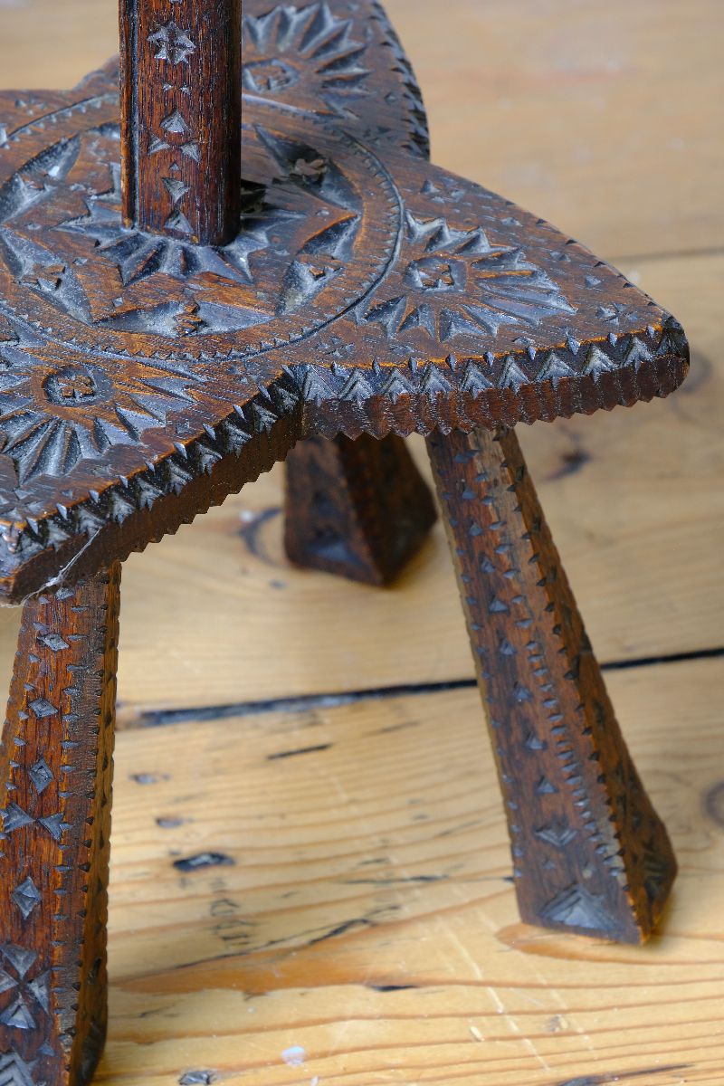 Rare Arts & Crafts Carved Oak Ratchet Adjustable Candle Stand