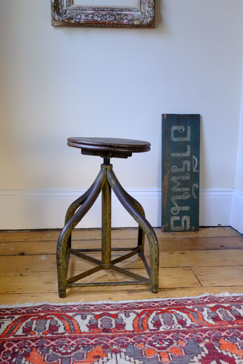 Industrial Swivel Stool Circa 1950 | Vintage Elm & Steel Workshop Stool