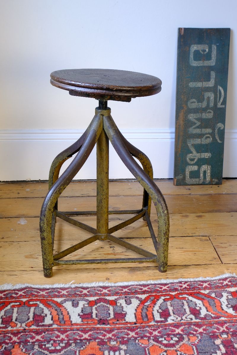 Industrial Swivel Stool Circa 1950 | Vintage Elm & Steel Workshop Stool