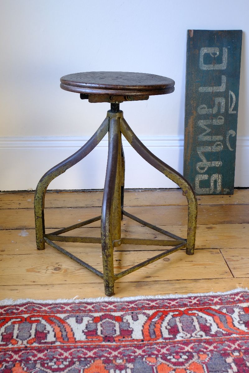 Industrial Swivel Stool Circa 1950 | Vintage Elm & Steel Workshop Stool